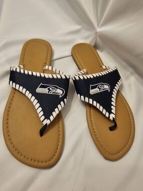 Seattle Seahawks Navy and White Women's Thong Sandals
